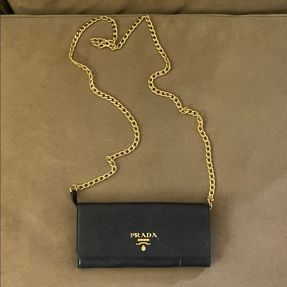 Prada Black Leather Wallet with Gold Chain